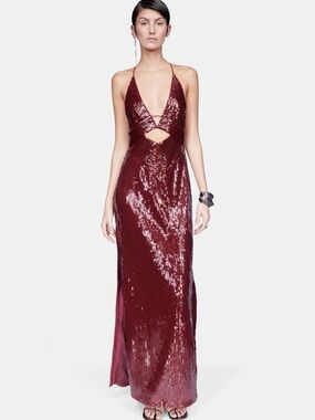 Galvan London  Burgundy Sequin Evening Gown with Cutout Size 4